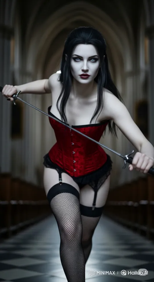 Gothic Hall Swordswoman Advances with Graceful Precision – AI Generated Video | Hailuo AI