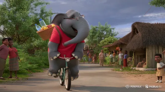 Anthropomorphic Elephant Joyfully Rides Bicycle Down Village Road – AI Generated Video | Hailuo AI