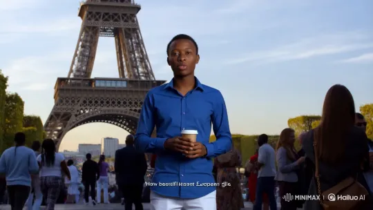 Young Sudanese Man Discusses AI by Eiffel Tower – AI Generated Video | Hailuo AI