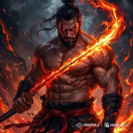 Fiery Warrior Stands Amidst a Burning Landscape – AI Generated Video | Hailuo AI