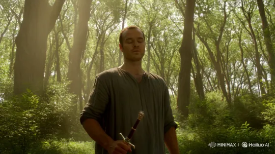 Man Reborn in Enchanted Forest with Glowing Sword – AI Generated Video | Hailuo AI