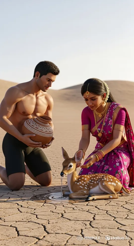 Couple Revives Thirsty Fawn in Desert Landscape – AI Generated Video | Hailuo AI