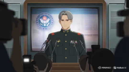 Military General Addresses Press in Spy x Family Style – AI Generated Video | Hailuo AI