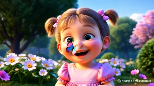 Child Giggles as Butterfly Dances Near Nose in Garden – AI Generated Video | Hailuo AI