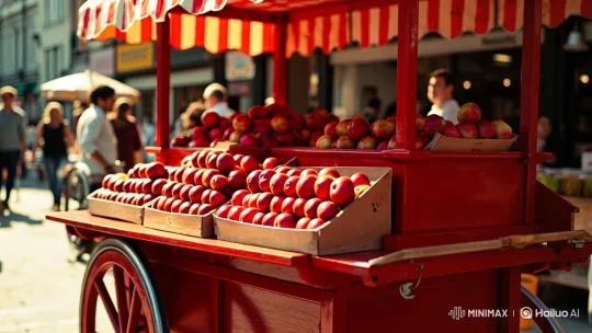 Sunlit Street Vendor's Apple Cart Amidst City Life – AI Generated Video | Hailuo AI