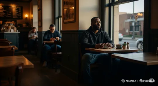 Man Sips Tea in Cozy Cafe, Reflects Quietly – AI Generated Video | Hailuo AI
