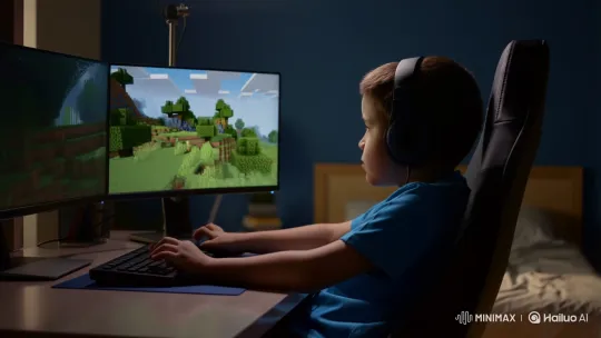 Focused Gamer Immersed in Minecraft World – AI Generated Video | Hailuo AI