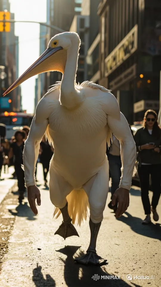 Pelican-Man Soars Through City Skyline – AI Generated Video | Hailuo AI