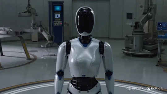 First Blink: A New Robot's Awakening in a High-Tech Workshop – AI Generated Video | Hailuo AI