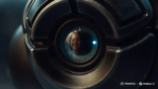 Robotic Eye Reflects Girl's Smile with Flickering Light – AI Generated Video | Hailuo AI