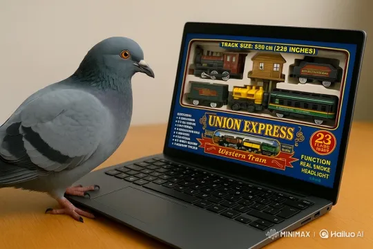 Pigeon Fascinated by Train Toy Ad on Laptop – AI Generated Video | Hailuo AI