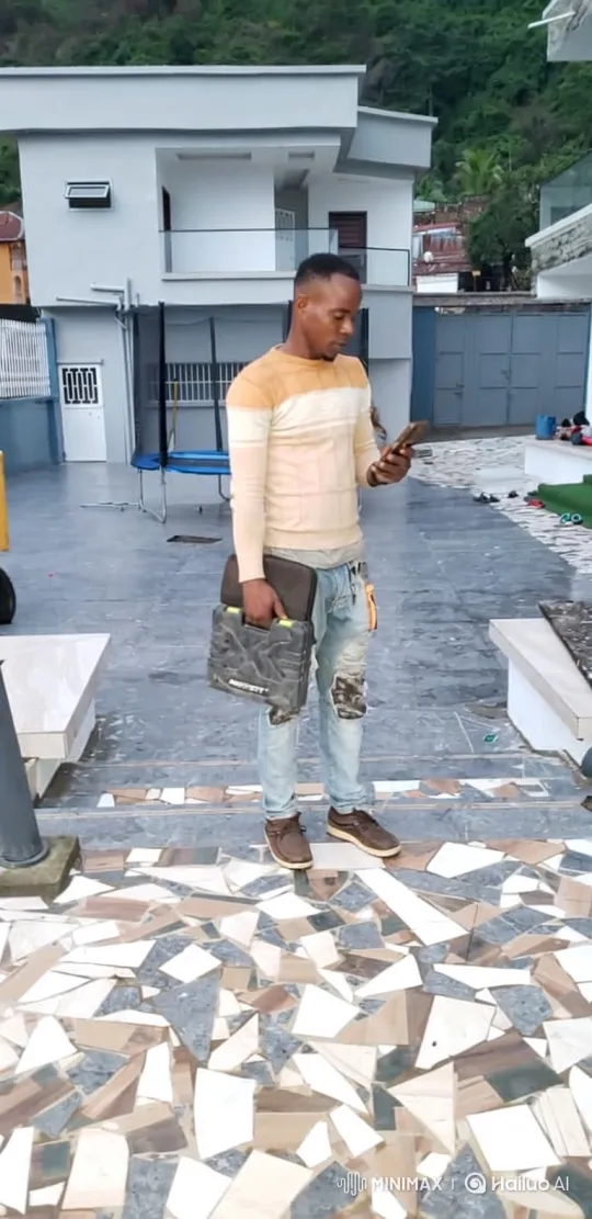 Man Walks with Toolbox Across Patio, Video Tracking Shot – AI Generated Video | Hailuo AI