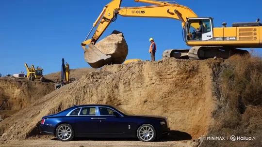 Excavator Drops Boulder on Rolls-Royce in Slow Motion – AI Generated Video | Hailuo AI
