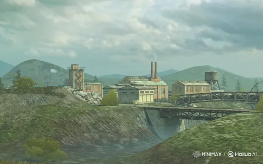 Industrial Complex in Rainy, Overcast Landscape – AI Generated Video | Hailuo AI