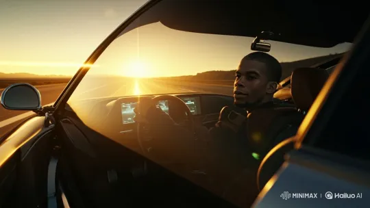 Desert Drive: Sunset Tracking Shot with Dynamic Camera Movement – AI Generated Video | Hailuo AI