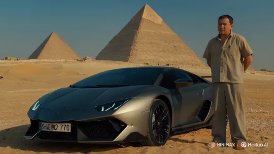 Tired Man Escapes to Modern Life in Lamborghini Near Pyramids – AI Generated Video | Hailuo AI