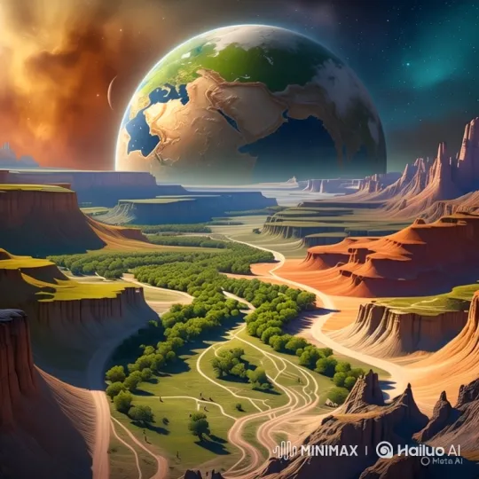 Surreal Alien Landscape with Rotating Planet and Swirling Clouds – AI Generated Video | Hailuo AI