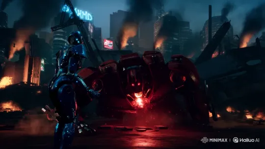 Red Robot Revives in Futuristic Ruins Using Nanotech – AI Generated Video | Hailuo AI