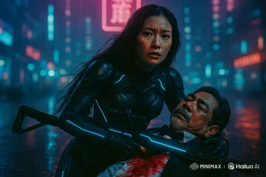 Distraught Woman in Futuristic Armor Expresses Rage in Rainy City – AI Generated Video | Hailuo AI