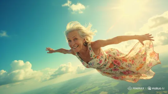 Elderly Woman's Joyful Flight Turns to Fearful Descent – AI Generated Video | Hailuo AI
