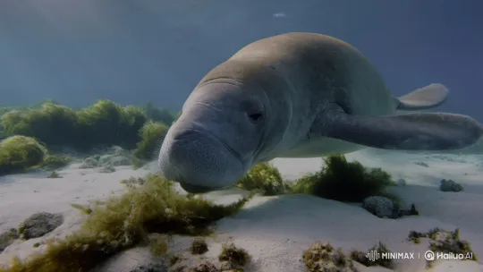 Manatee Peacefully Feeds on Seaweed in Clear Blue Water – AI Generated Video | Hailuo AI
