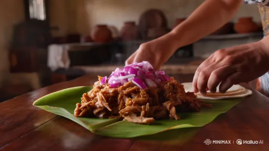 Traditional Cochinita Pibil with Tortillas on Wooden Table – AI Generated Video | Hailuo AI