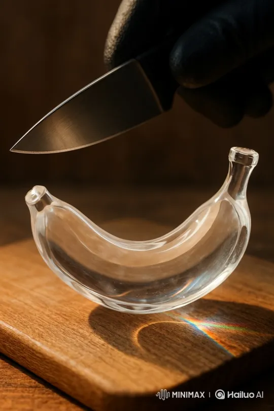 Glass Banana Shattered by Knife in Dramatic Macro Scene – AI Generated Video | Hailuo AI