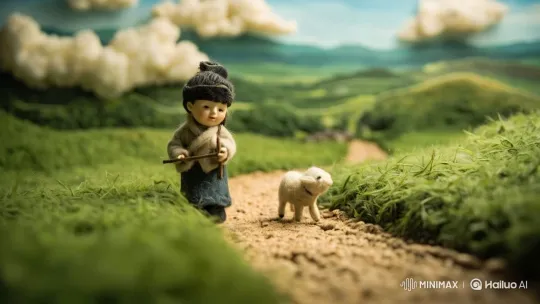 Child and Lamb in Serene Pastoral Landscape – AI Generated Video | Hailuo AI