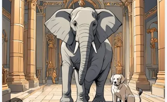 Elephant and Dog Dance Playfully with Ice Cream in Grand Hall – AI Generated Video | Hailuo AI