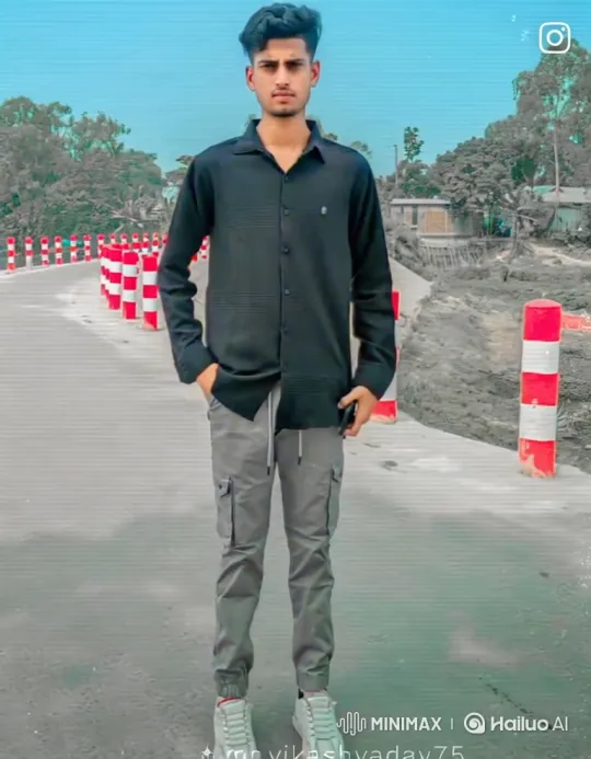 Young Man in Black Shirt Stands on Road, Focuses Camera – AI Generated Video | Hailuo AI