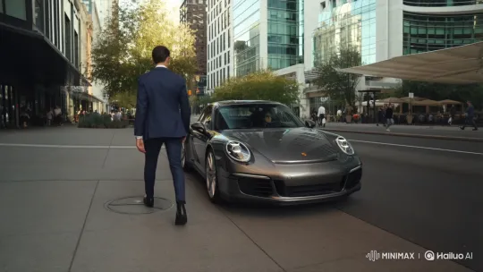 Stylish Man Enters Porsche on Modern Street – AI Generated Video | Hailuo AI
