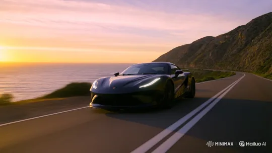 Modern Sports Car Glides on Coastal Sunset Highway – AI Generated Video | Hailuo AI