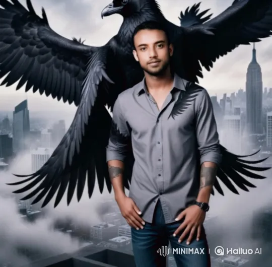 Mysterious Man and Raven Overlooking Foggy Cityscape – AI Generated Video | Hailuo AI