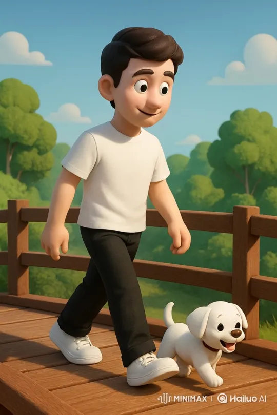 Young Man and Puppy Enjoying a Walk in the Park – AI Generated Video | Hailuo AI