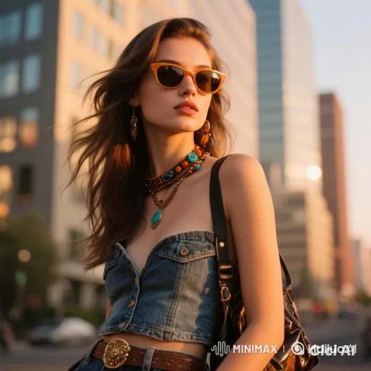 Stylish Young Woman in Golden Sunset Streetscape – AI Generated Video | Hailuo AI