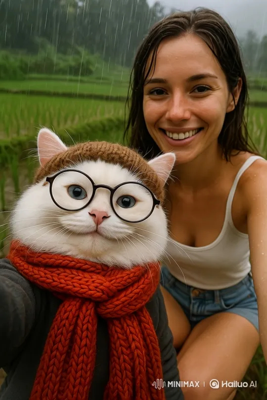 Woman and Cat Share Tender Moment in Rainy Rice Field – AI Generated Video | Hailuo AI