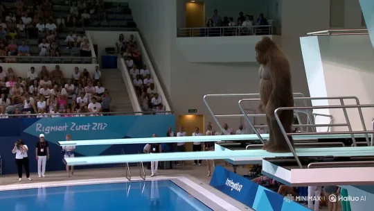 Bigfoot Performs Acrobatic Dive at Olympic Pool – AI Generated Video | Hailuo AI