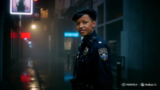 Young Officer Stands Calmly in Foggy Alley at Night – AI Generated Video | Hailuo AI