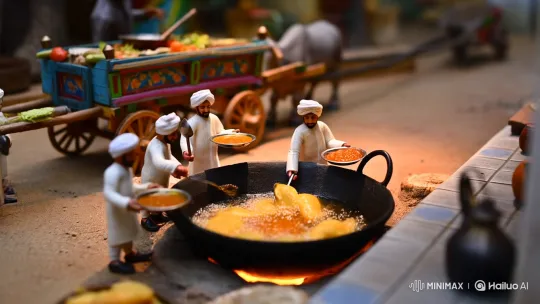 Miniature Indian Street: Cooking Giant Samosas with Bull Cart – AI Generated Video | Hailuo AI