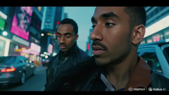 Two Men in Thought Amidst Dusk's City Glow – AI Generated Video | Hailuo AI