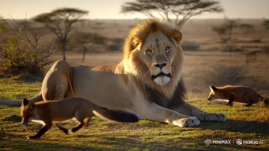 Lion and Fox Playfully Interact in the Savanna – AI Generated Video | Hailuo AI