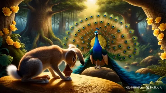 Mandalay Hare Honors the Peacock King in Enchanted Jungle – AI Generated Video | Hailuo AI