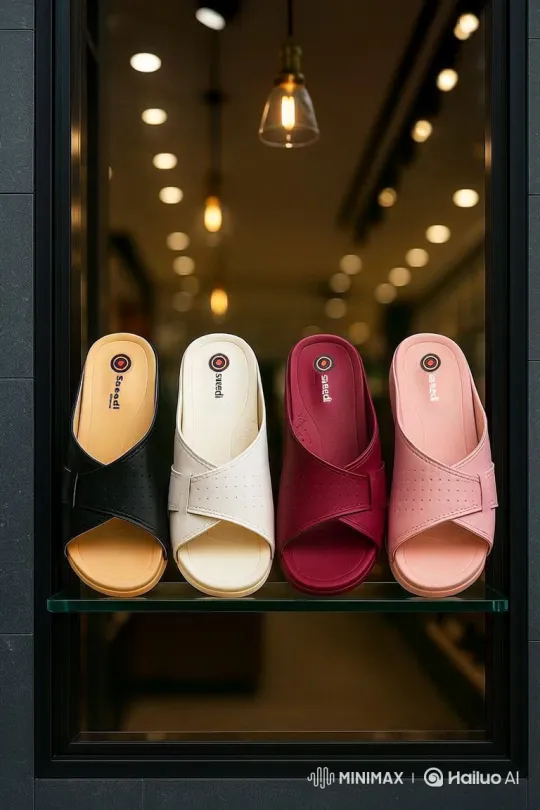 Close-Up Panoramic of Neatly Arranged Slide-On Sandals – AI Generated Video | Hailuo AI