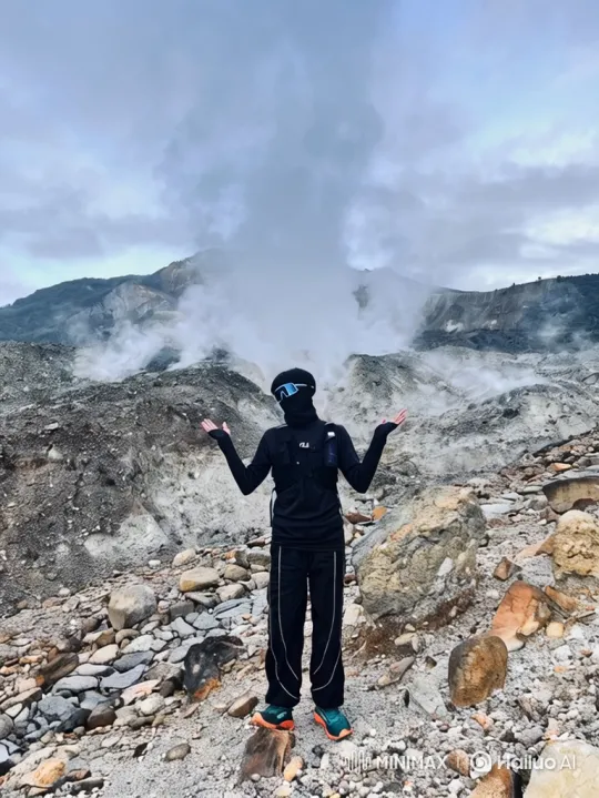 Person Amidst Volcano's Steam Amidst Expansive Panorama – AI Generated Video | Hailuo AI