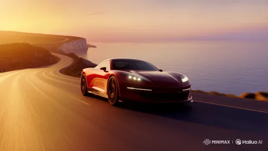 Red Sports Car Drives Along Coastal Sunset Highway – AI Generated Video | Hailuo AI