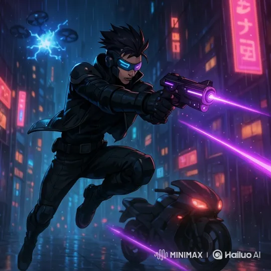 Cyberpunk Warrior Saves Child from Armored Robot in Futuristic City – AI Generated Video | Hailuo AI
