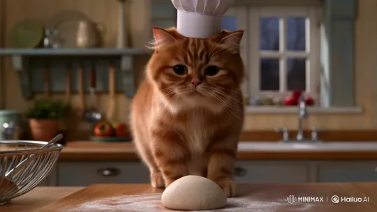 Fluffy Cat Chef Kneads Dough on Kitchen Counter – AI Generated Video | Hailuo AI