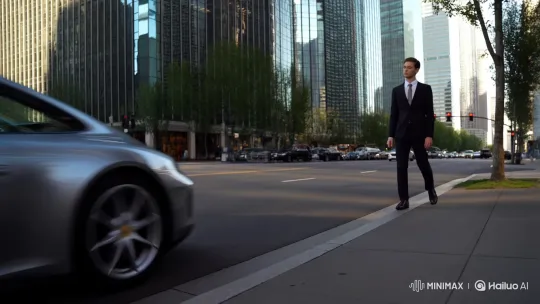 Stylish Man Enters Sleek Porsche on Bustling City Sidewalk – AI Generated Video | Hailuo AI