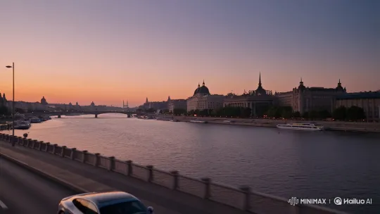 Porsche Taycan Glides Across Budapest's Chain Bridge at Sunset – AI Generated Video | Hailuo AI