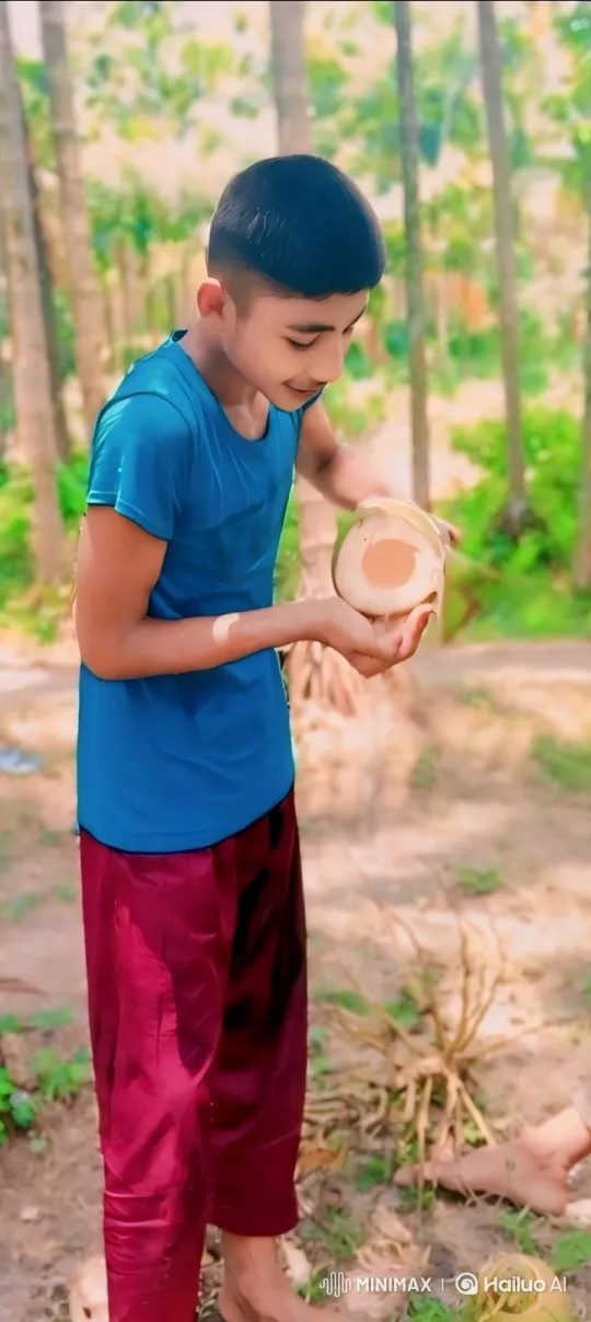 Young Boy Runs Through Grove with Coconut – AI Generated Video | Hailuo AI